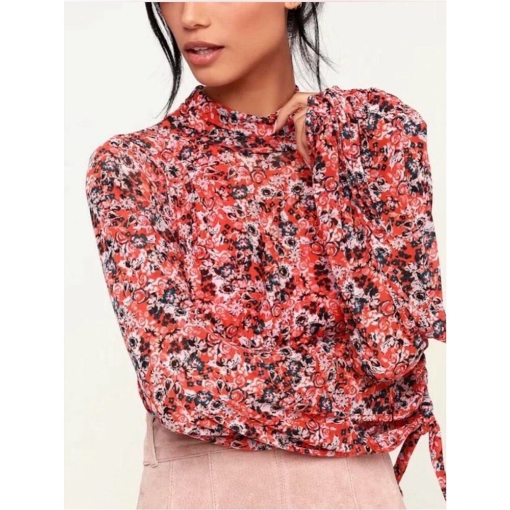 Free People All Dolled Up Sheer Red key hole Mock Neck Crop Blouse XS